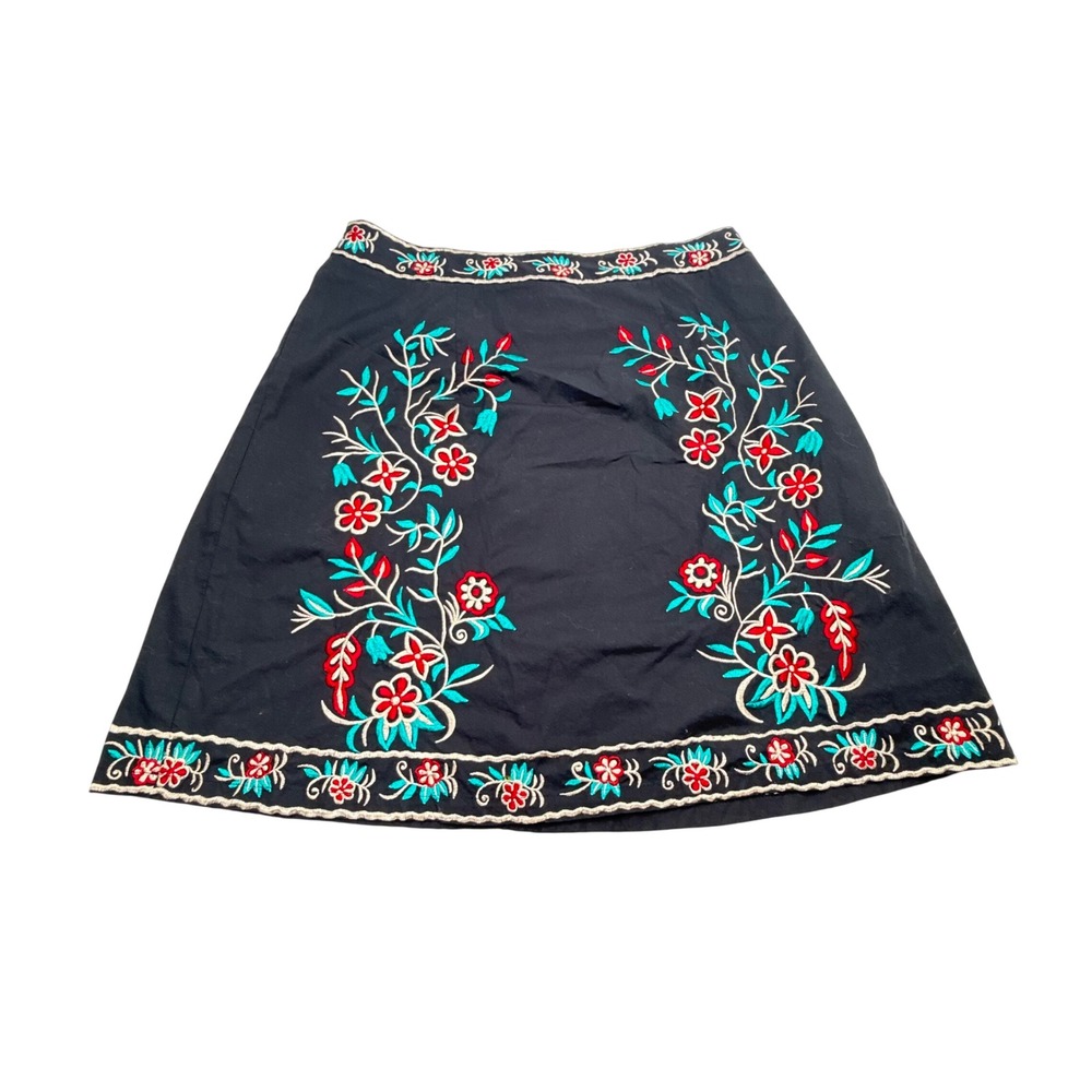 Wayward Fancies eShakti‎ Black Embroidered Floral A-Line Mini Skirt Size L 14